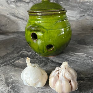 May include: A green ceramic garlic keeper with holes for ventilation. Two white garlic bulbs are in front of the keeper.