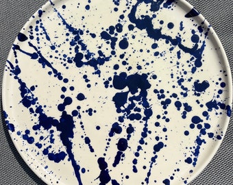 Spanish splatter platter - handpainted large blue and white plate