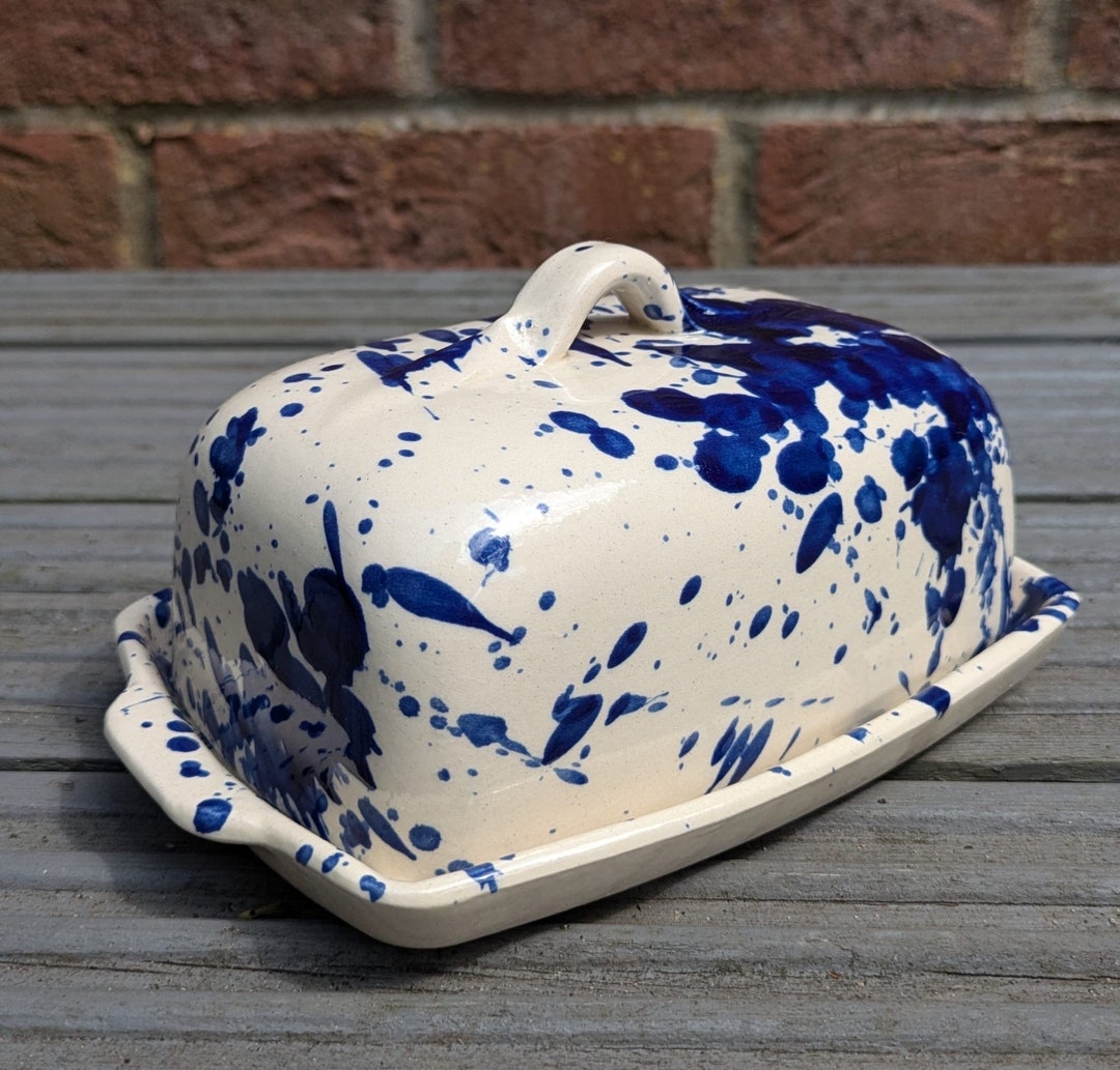 Splatter Pattern Pottery Blue and White Splatter Pattern Butter Dish. Spanish Pottery Hand ...