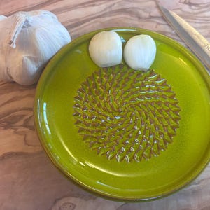 Spanish pottery garlic rasp, ginger grater lime green ceramic plate