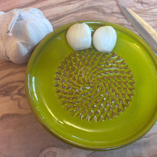 Spanish pottery garlic rasp, ginger grater lime green ceramic plate
