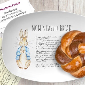 May include: White ceramic serving platter with a hand-drawn illustration of a rabbit and a handwritten recipe for "Mom's Easter Bread".