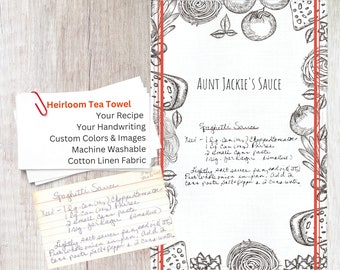 Personalized Recipe Tea Towel, your recipe, your handwriting, custom border image, archival quality cotton linen family heirloom keepsake
