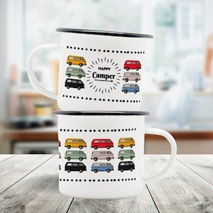 Camp Mug 10 oz. (Black Rim), Stainless Steel, Happy Camper, Multicolored Campers RVs