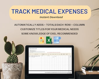 Puede incluir: Un ordenador portátil que muestra una hoja de cálculo titulada "Medical Expenses 2023". La hoja de cálculo está diseñada para realizar un seguimiento de los gastos médicos y agrega automáticamente los totales de cada fila y columna. La imagen también incluye texto que dice "Track Medical Expenses", "Instant Download", "Automatically adds + totals each row + column", "Customize titles for your medical needs", and "Some knowledge of Excel recommended".