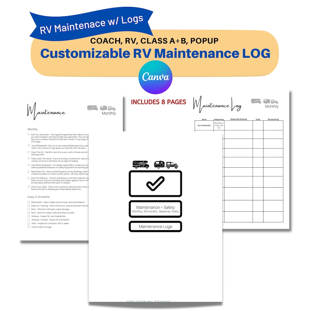 CUSTOMIZABLE RV Maintenance Checklist, RV Maintenance Log, Safety
