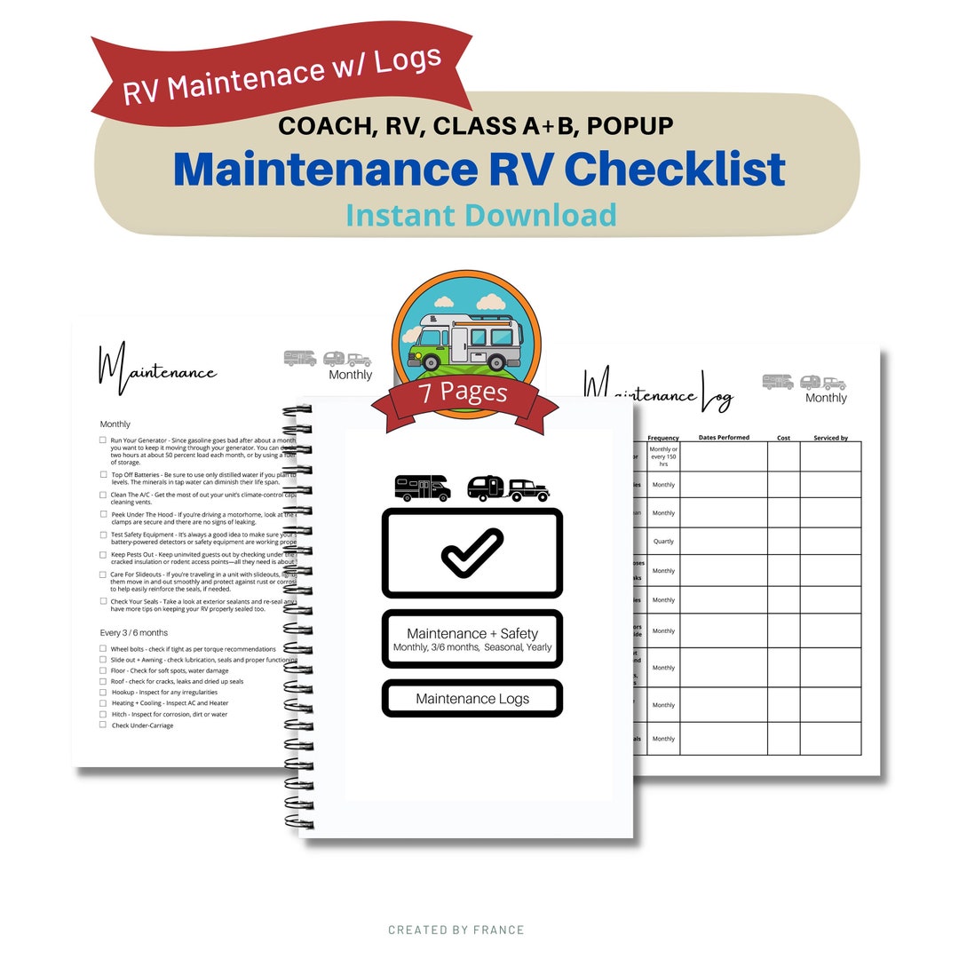 Printable RV Maintenance Checklist, RV Maintenance Log, RV Safety Checklist, Camper Maintenance