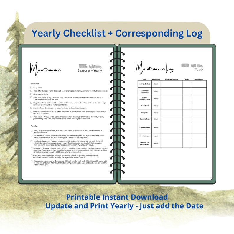 Printable RV Maintenance Checklist, RV Maintenance Log, RV Safety