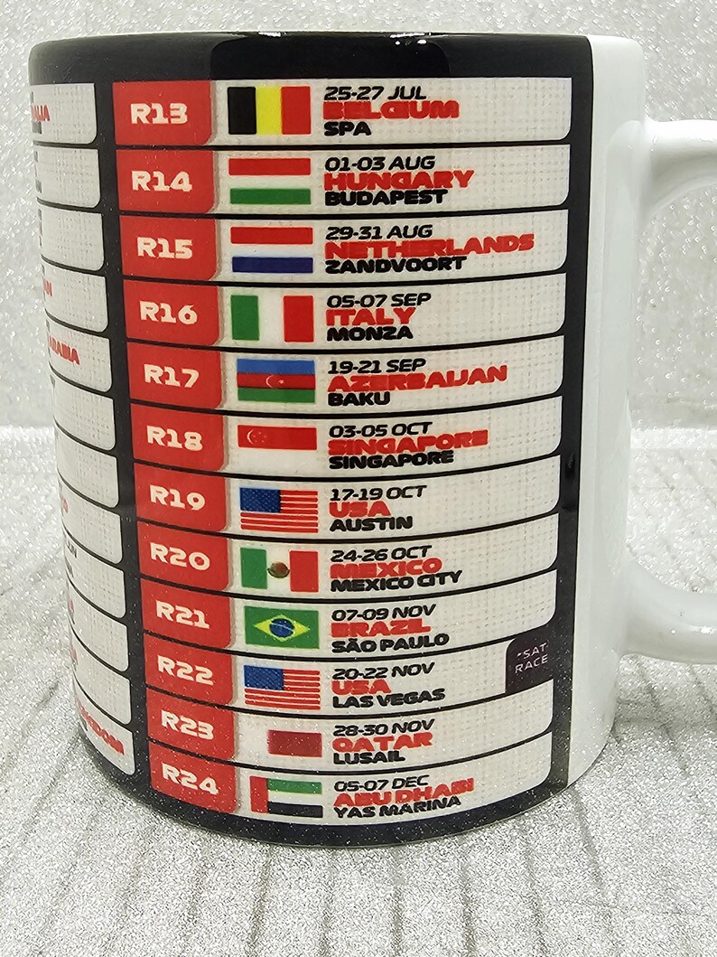 F1 2025 Race Calendar Formula 1 Car Tea Coffee 11oz Mug Black Ideal