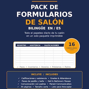 Könnte beinhalten: Ein dunkelblauer Bildungsflyer mit dem Titel EL TEACHER DMV PACK DE FORMULARIOS DE SALÓN. Er enthält ein Raster für Anwesenheit und Noten, einen gelben Kreis mit 16 Formularen und eine Liste zweisprachiger Unterrichtsmaterialien.