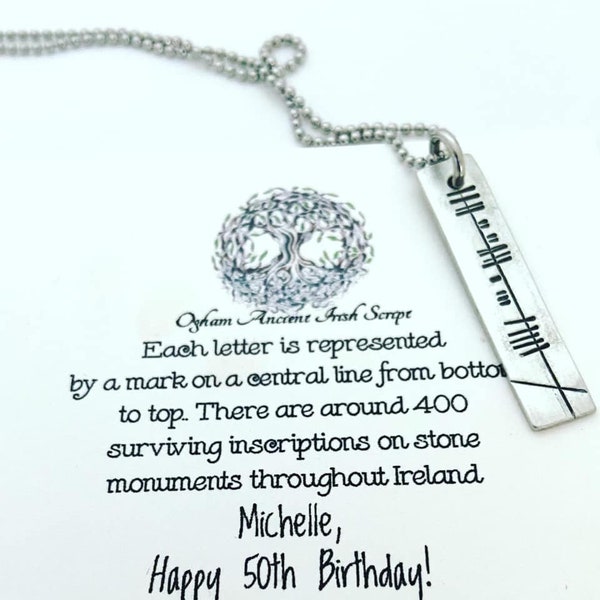 Irish writing gifts Ogham personalized Irish Jewelry Name Bar Necklace Happy 50th