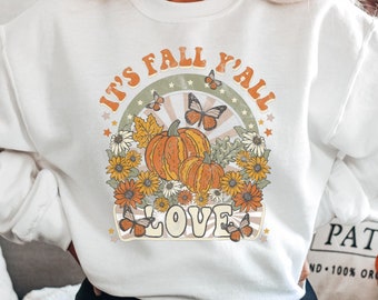 Moletom It's Fall Y'all Distressed, moletom de abóbora, gola redonda de outono, moletom de outono para mulheres, suéter de Halloween