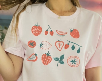 Camisa de fresa, camiseta de bayas Cottagecore, camisa de jardín botánico, camiseta de forraje, amante de la naturaleza, regalo para agricultores, camisa de jardinería, camisa foodie