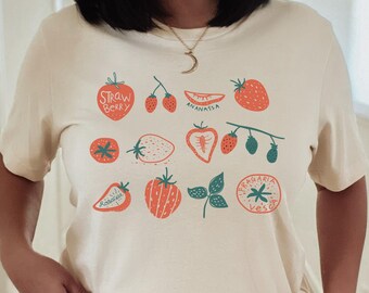 Camisa de fresa, camiseta de bayas Cottagecore, camisa de jardín botánico, camiseta de forraje, amante de la naturaleza, regalo para agricultores, camisa de jardinería, camisa foodie