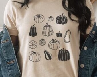 Camisa de abóbora botânica, abóbora de Halloween, camiseta de outono, camiseta de ação de graças, cabaça de abóbora, camisa de outono
