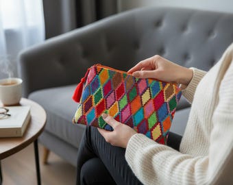 Handmade Cross Stitch Clutch: Blue Geometric Embroidered Pouch