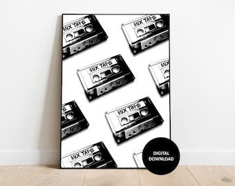Muurkunst met retro mixtape: cassetteprint uit de jaren 80 (digitale download)
