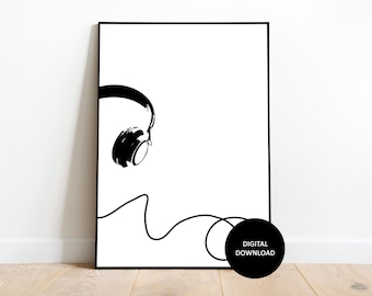 Black Headphones Print: Minimalist Music Wall Art (Digital Download)