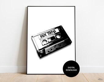 Muurkunstprint retro mix tapecassette (digitale download)