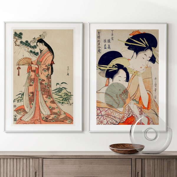 Japanese Vintage Digital Print - Couple of Geisha Japan Oriental Wall Art Printable Poster Decor Woodblock Paint Instant Download