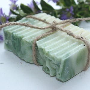 May include: A rectangular bar of handmade soap, light green and white, tied with twine. The soap has a textured, ridged surface. Purple flowers and green foliage are in the background, creating a natural aesthetic.