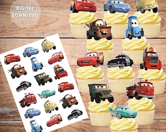 May include: A sheet of cupcake toppers featuring various Cars characters, including Lightning McQueen, Mater, and the other racers. The toppers are printed on white paper and are ready to be cut out and used to decorate cupcakes.
