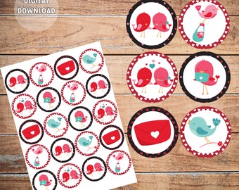 Printable Valentine's Day Cupcake Toppers (Digital Download), Love birds cupcake toppers, 20 Valentines Cupcake Toppers