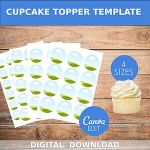 Puede incluir: Plantilla de adorno para cupcake imprimible con un cielo azul, una nube blanca sobre una colina verde. La plantilla está disponible en cuatro tamaños y se puede editar con Canva. El texto "DESCARGA DIGITAL" está en la parte inferior de la imagen.