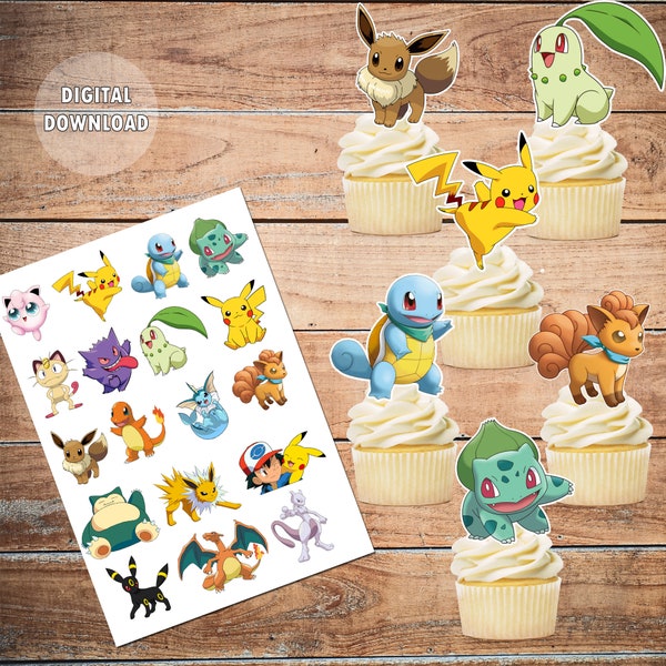 Pokemon Cupcake Toppers, Pikachu Birthday party cupcake toppers, Instant Download cupcake toppers, Children Party, Printable pokemons