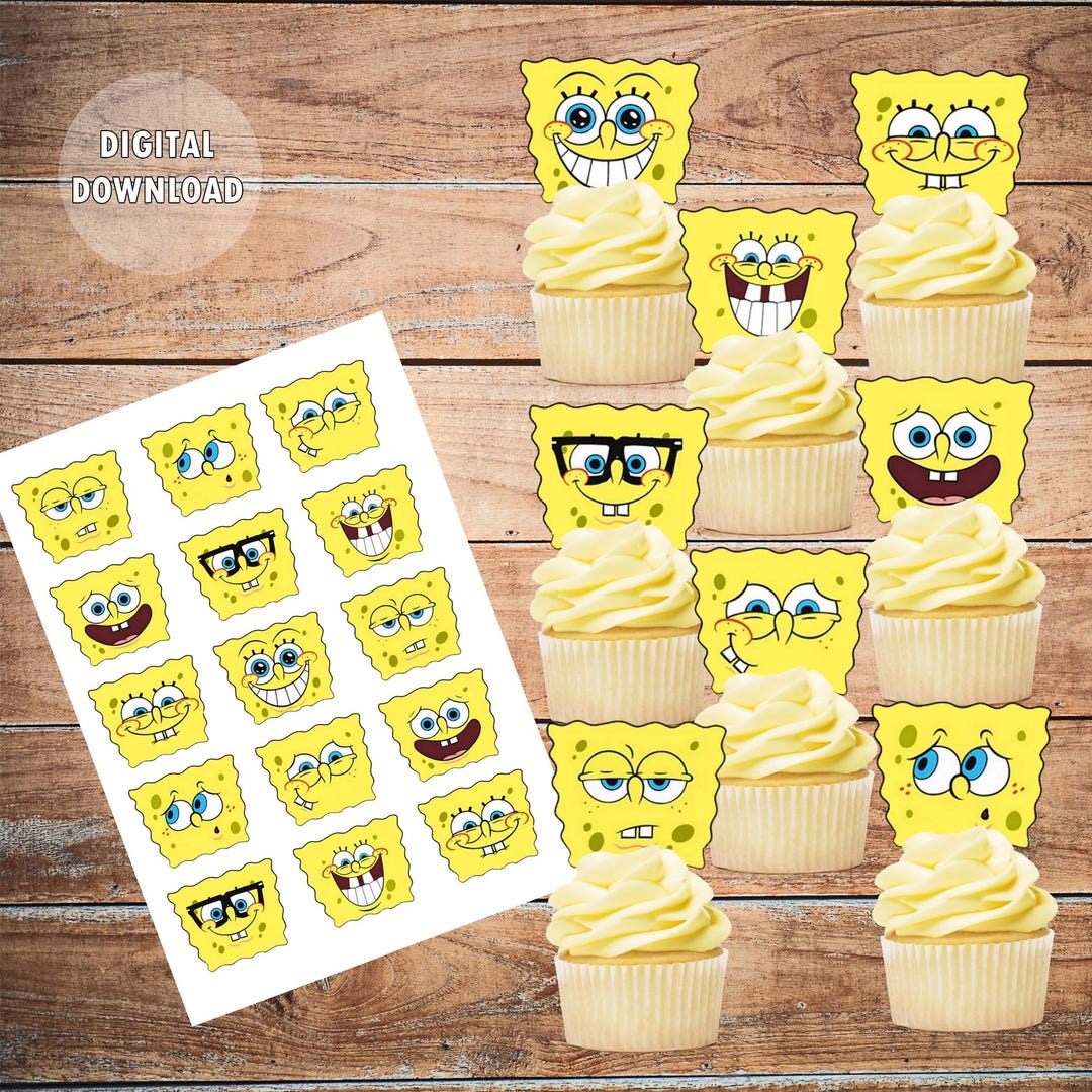 Spongebob Themed Cupcake Toppers, Digital Download, Yellow Sponge ...