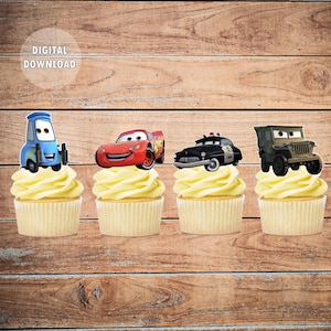 May include: Four cupcake toppers featuring characters from the Cars movie franchise. The toppers are printed on edible paper and feature Lightning McQueen, Mater,  a police car, and a military jeep.