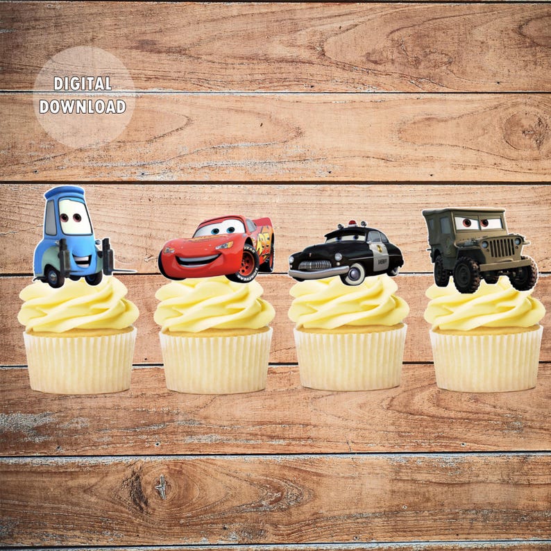 May include: Four cupcake toppers featuring characters from the Cars movie franchise. The toppers are printed on edible paper and feature Lightning McQueen, Mater,  a police car, and a military jeep.