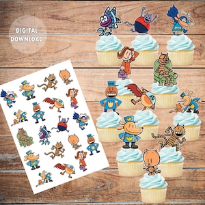 Dog Man cupcake toppers, Dog Man themafeest, digitale cupcake toppers, Dog Man verjaardagsdecoratie, afdrukbare cupcake toppers