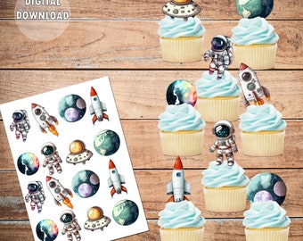 Outer Space Cupcake Toppers, Space Astronaut Cupcake Rocket Planet Toppers, Digital Download, Children Birthday, Printable cupcake toppers