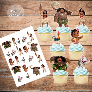 May include: Cupcakes with blue frosting and character toppers, including Moana, Maui, Hei Hei, and Pua. A sheet of matching character cutouts is also present. The text "DIGITAL DOWNLOAD" is visible in the upper left corner. The background is a wooden surface.