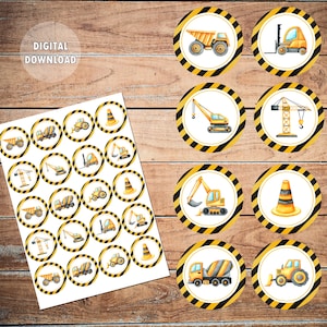 Baustellen Cupcake Toppers, druckbare Autos Topper, Baustellen Geburtstag, 2 zoll runde Aufkleber, Instant Download, Junge kuchendeckel