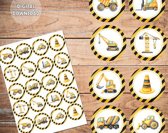 Construction Cupcake toppers, Printable Cars toppers, Construction Birthday, 2 inches Round Stickers, Instant Download, Boy cupcake toppers