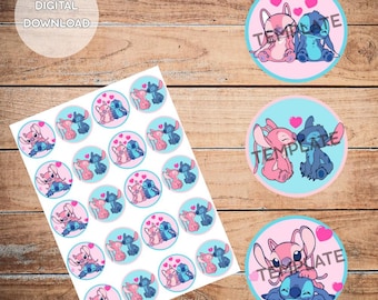 Adorno para cupcakes de Stitch y Ángel, adornos para cupcakes de cumpleaños, descarga instantánea, adornos para cupcakes imprimibles