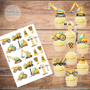 May include: A printable sheet of construction vehicle cupcake toppers. The sheet includes images of a crane, bulldozer, cement mixer, forklift, and other construction vehicles. The sheet is designed to be printed and cut out to create cupcake toppers for a construction-themed party.