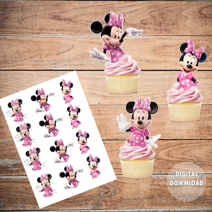 May include: Printable cupcake toppers featuring Minnie Mouse in a pink dress with white polka dots. The sheet includes 12 toppers, with the text "DIGITAL DOWNLOAD" at the bottom.