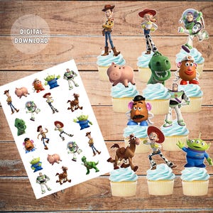 Peut inclure: Toppers de cupcakes imprimables Toy Story avec des personnages comme Woody, Buzz l'Éclair, Jessie et M. Patate. La feuille comprend 20 toppers différents, parfaits pour une fête sur le thème de Toy Story.