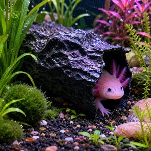 Puede incluir: Un ajolote rosa claro con branquias plumosas de color rosa brillante asomándose desde el interior de un adorno de acuario hueco, oscuro y texturizado en forma de tronco. El ajolote tiene ojos oscuros y un cuerpo liso en un entorno acuático.