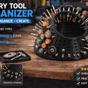 Puede incluir: Organizador de herramientas rotativas negro con varias brocas, incluyendo muelas y tambores de lijado. El organizador está diseñado para almacenar y organizar brocas de herramientas rotativas. El texto en la imagen dice "ROTARY TOOL ORGANIZER" y "STORE • ORGANIZE • CREATE".