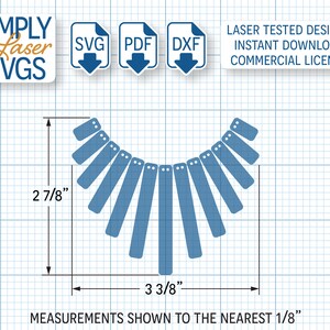May include: A blue laser cut design of a necklace with 10 pieces, measuring 2 7/8 inches tall and 3 3/8 inches wide. The design is on a grid background with measurements in inches.