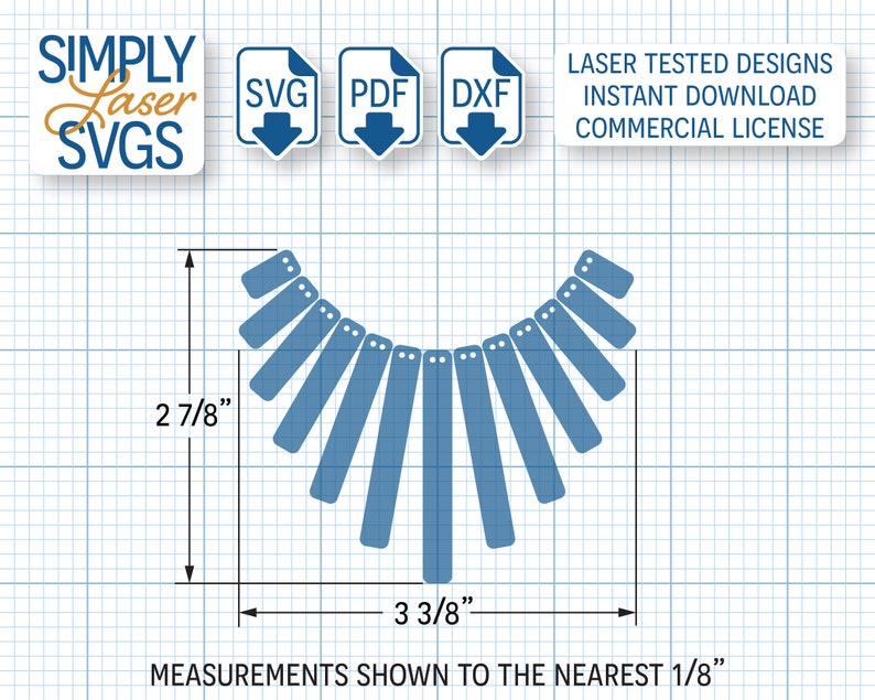 May include: A blue laser cut design of a necklace with 10 pieces, measuring 2 7/8 inches tall and 3 3/8 inches wide. The design is on a grid background with measurements in inches.