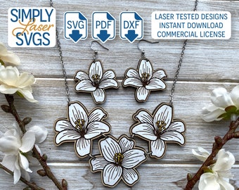Laser Cut Lily Necklace and Earrings SVG, Floral Jewelry File (Digital Download)