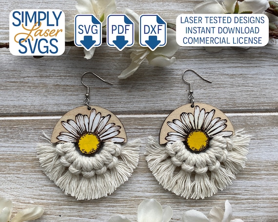 Daisy Laser Cut File, Sunflower Macrame Earring SVG, Boho Dangle Earrings, Floral Macrame Laser File, Commercial Use License