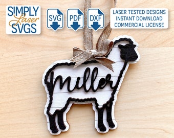 Sheep Christmas Ornament SVG, Layered Farmhouse Laser File (Commercial Use)