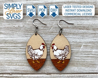 Engraved Chicken Dangle Earring SVG, Farmhouse Laser Cut Earring SVG, Crazy Chicken Lady Jewelry, Commercial Use SVG