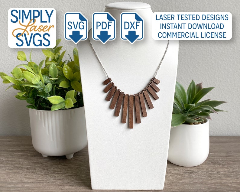 May include: A wooden necklace with a geometric design. The necklace is made of brown wood and has a silver chain. The necklace is displayed on a white mannequin. The image also includes the text "SIMPLY Laser SVGS", "SVG", "PDF", "DXF", "LASER TESTED DESIGNS", "INSTANT DOWNLOAD", and "COMMERCIAL LICENSE".